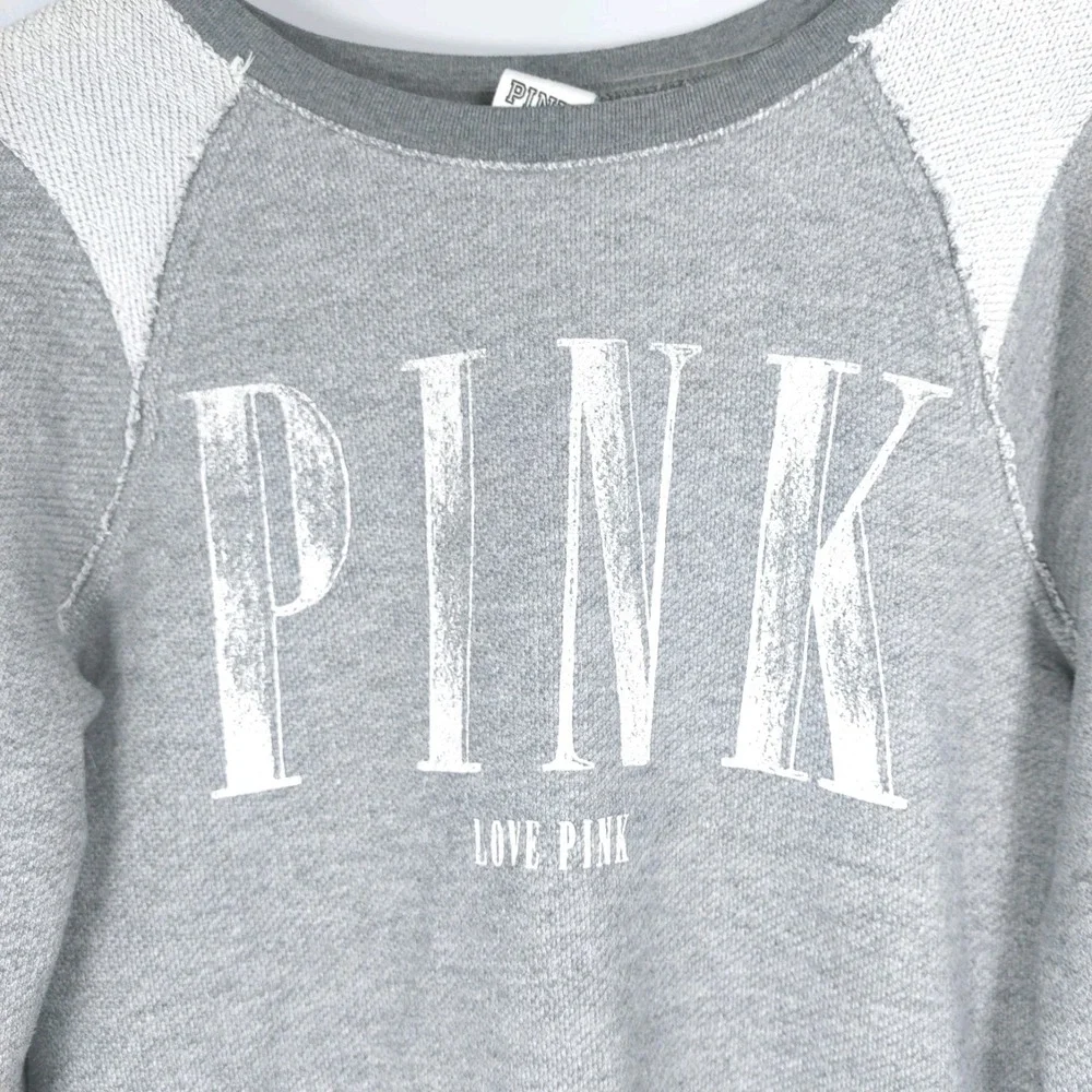 PINK Victoria's Secret Gray White Logo Crewneck Sweatshirt Raw Seam Womens Sz XS